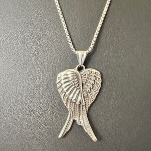 Double Wing Stainless Steel Silver Tone Feather Necklace